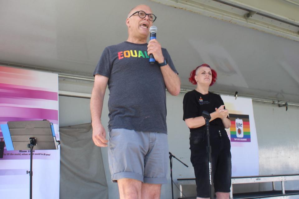 Gay rights icon Jim Obergefell, the lead plaintiff in the landmark 2015 Supreme Court case that legalized same-sex marriage across the country, speaks to the crowd at the 2022 Fremont Pride Festival in Walsh Park. The Sandusky resident is running for a seat in the Ohio House.