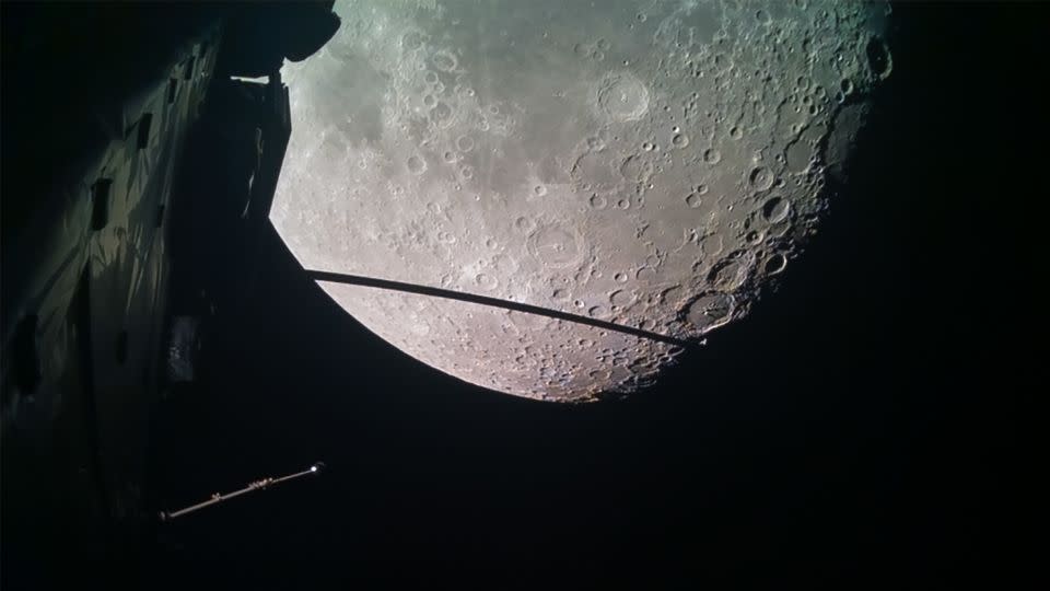 Juice's monitoring camera 1, designed to keep an eye on the spacecraft's antennas, captured an image of the moon at 5:25 PM ET on August 19 shortly after its closest approach during the lunar flyby. - ESA/Juice/JMC