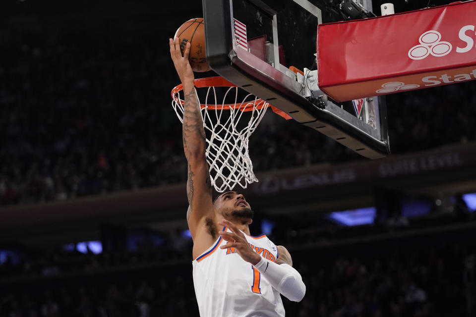 New York Knicks forward Obi Toppin scores a basket in the first half of an NBA basketball game against the Chicago Bulls, Thursday, Dec. 2, 2021, at Madison Square Garden in New York. (AP Photo/Mary Altaffer)