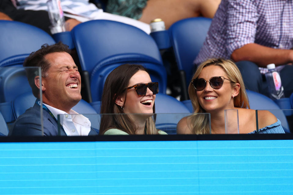  Australian television presenter Karl Stefanovic his daughter Ava  and his wife Jasmine Yarbrough attends Rod Laver Arena on day three of the 2020 Australian Open at Melbourne Park on January 22, 2020 in Melbourne, Australia.