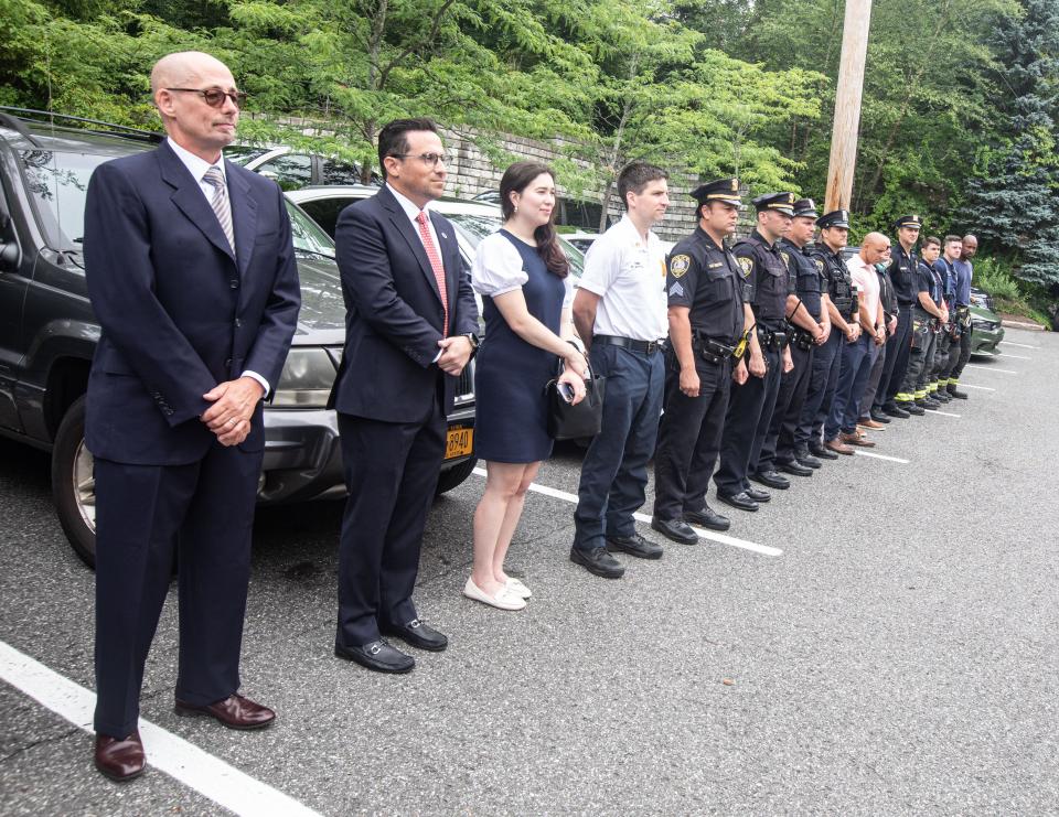 Elected officials, along with members of the Scarsdale police and fire departments attend a wreath laying ceremony marking the 100th anniversary of the killing of Scarsdale police Sgt. John Harrison. Sgt. Harrison was killed when he left the police desk at 4:30 am on July 19, 1923, on a report of a stolen car nearby and was fatally shot by one of the thieves less than 200 feet from headquarters.