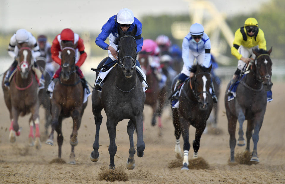 Rebel's Romance with jockey William Buick wins $750,000 Group 2 UAE Derby over 1900m (9.5 furlongs in Dubai, the United Arab Emirates, Saturday, March 27, 2021. (AP Photo/Martin Dokoupil)