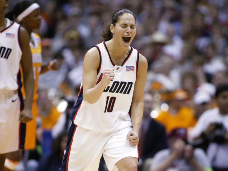 Sue Bird celebrates beating rival Tennessee in the 2002 Final Four.