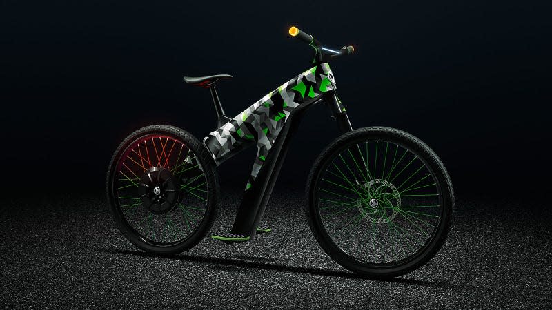 A photo of a black and green Skoda electric bike. 