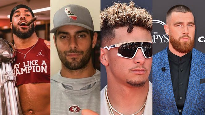 Brayden Willis, Jimmy Garoppolo, Patrick Mahomes, and Travis Kelce