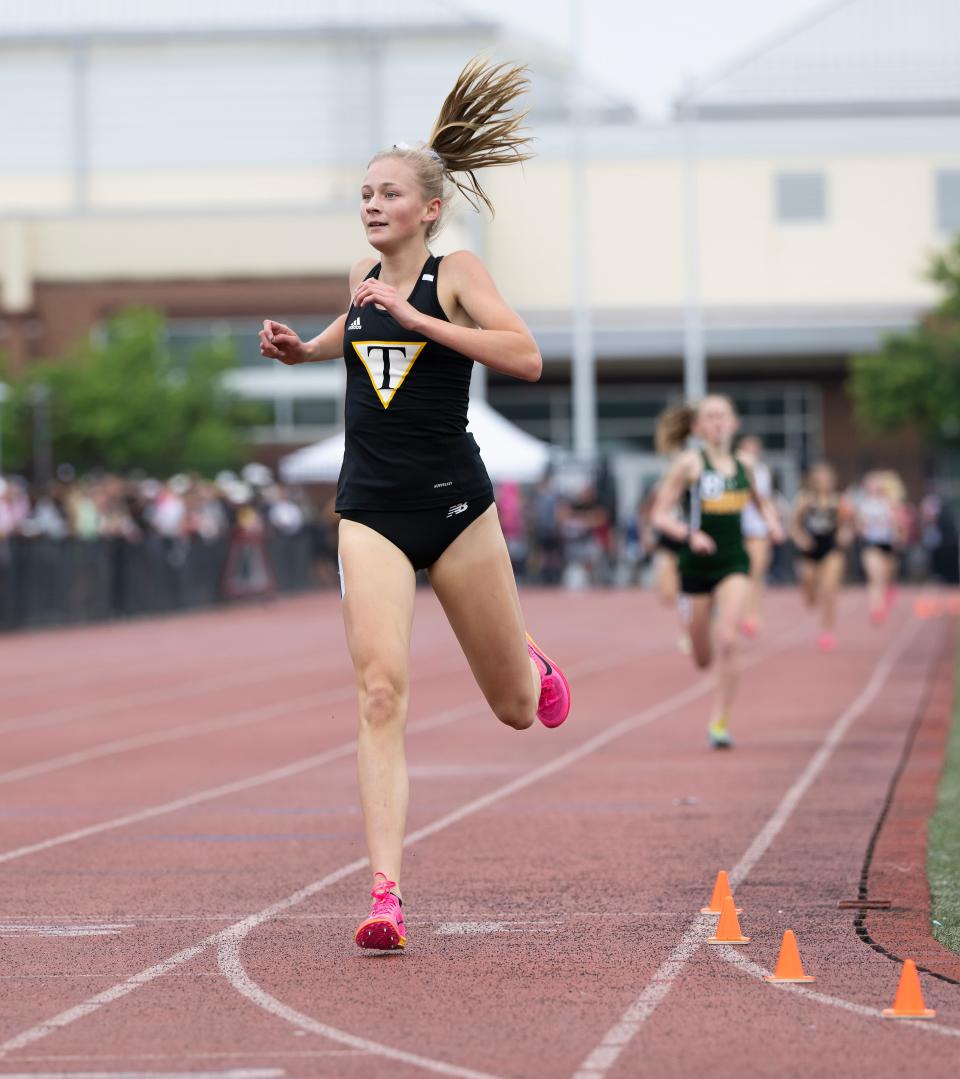 Tatnall’s Katie Payne wins the Division II girls 1,600 at the DIAA Track & Field Championships at Dover High on Saturday, May 20, 2023.