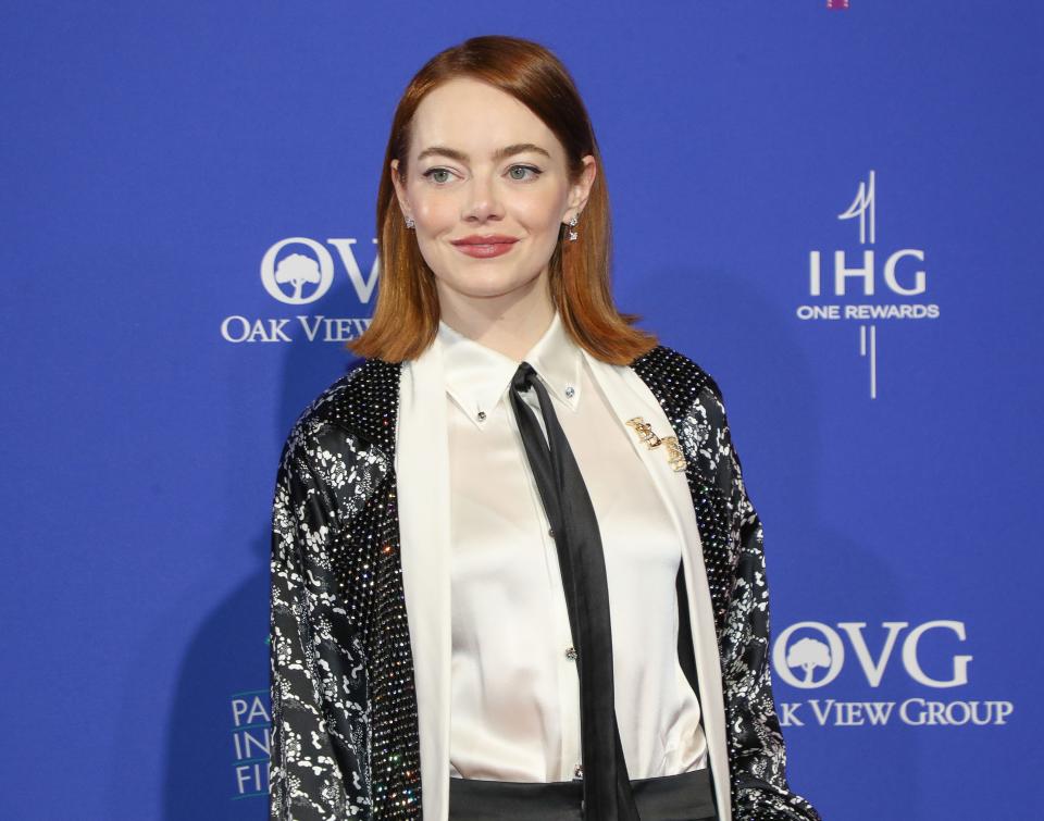 Emma Stone is photographed on the red carpet during the Palm Springs International Film Festival Film Awards Presentation at the Palm Springs Convention Center in Palm Springs, Calif., on Thurs., Jan. 4, 2024.