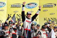 KANSAS CITY, KS - OCTOBER 08: Brad Keselowski, driver of the #22 Discount Tire Dodge, celebrates in Victory Lane after winning the NASCAR Nationwide Series Kansas Lottery 300 at Kansas Speedway on October 8, 2011 in Kansas City, Kansas. (Photo by Todd Warshaw/Getty Images for NASCAR)