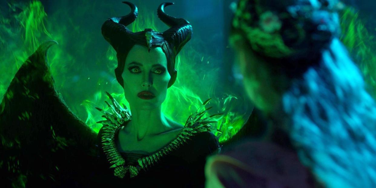 angelina jolie as maleficent, elle fanning as aurora, maleficent mistress of evil