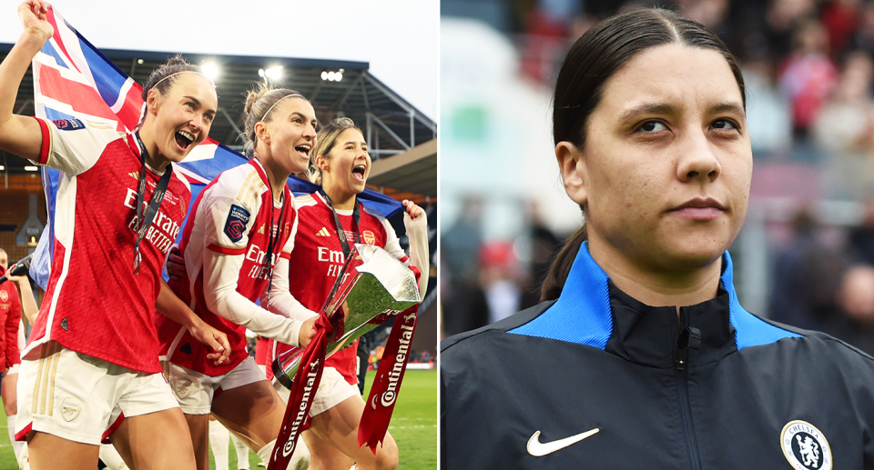 Arsenal's Matildas trio of Kyra Cooney-Cross, Caitlin Foord and Steph Catley left and Chelsea's Sam Kerr right