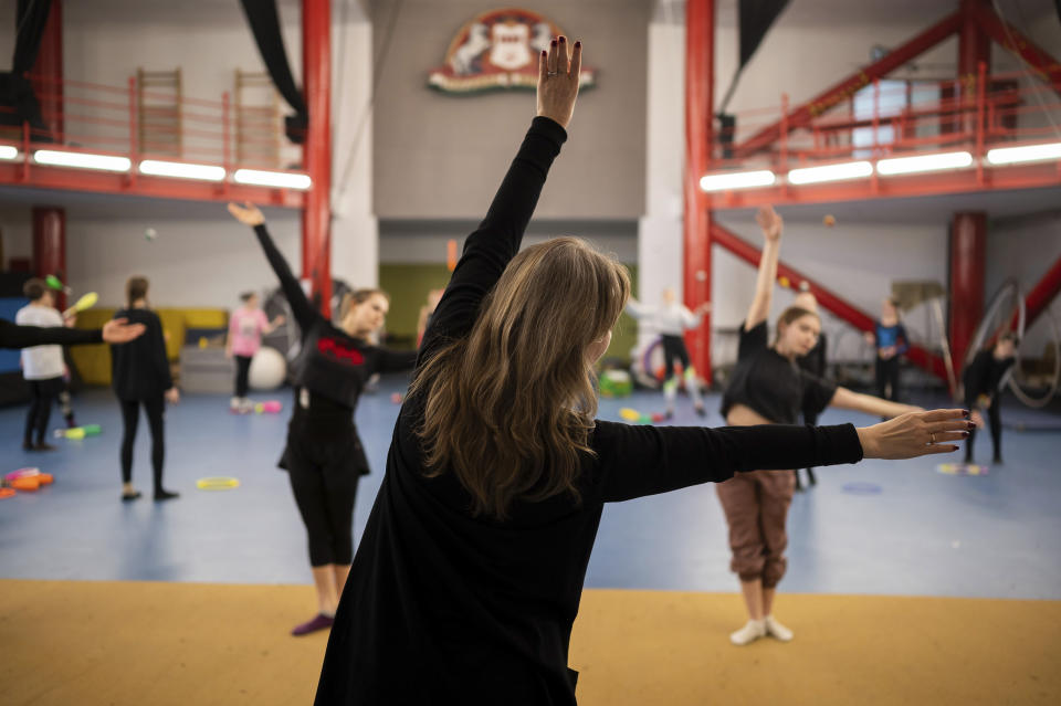 A group of young Ukrainian refugee circus students practicing in a training room in Budapest, Hungary, Monday, Feb. 13, 2023. More than 100 Ukrainian refugee circus students, between the ages of 5 and 20, found a home with the Capital Circus of Budapest after escaping the embattled cities of Kharkiv and Kyiv amid Russian bombings. (AP Photo/Denes Erdos)