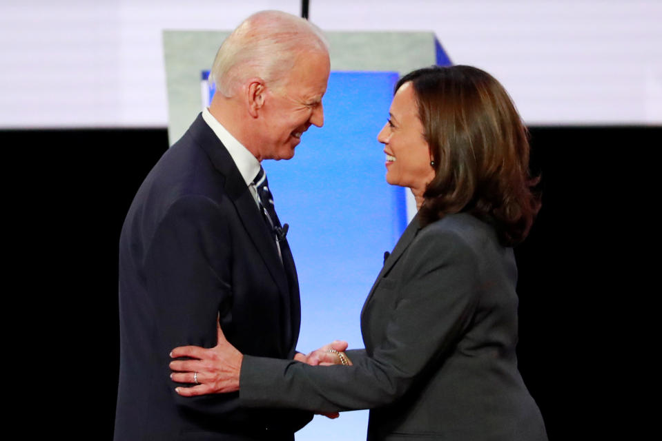 Former Vice President Joe Biden and U.S. Senator Kamala Harris shake hands before the start of the second night of the second U.S. 2020 presidential Democratic candidates debate in Detroit, Michigan on July 31, 2019. (Lucas Jackson/Reuters)