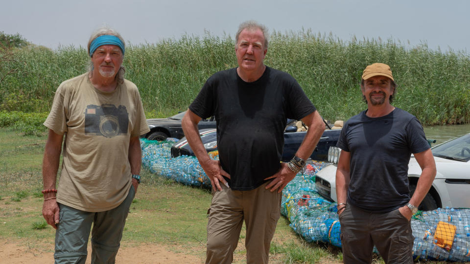 James May, Jeremy Clarkson, and Richard Hammond travel across Africa in The Grand Tour special Sand Job. (Prime Video)