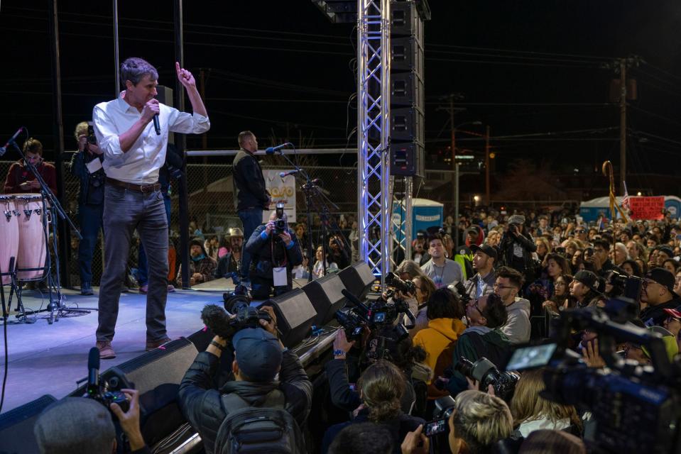 Former Texas Congressman Beto O'Rourke speaks to a crowd of supporters at Chalio Acosta Sports Center at the end of the anti-Trump "March for Truth" in El Paso, Texas, on February 11, 2019. (Photo: Paul Ratje/AFP/Getty Images)