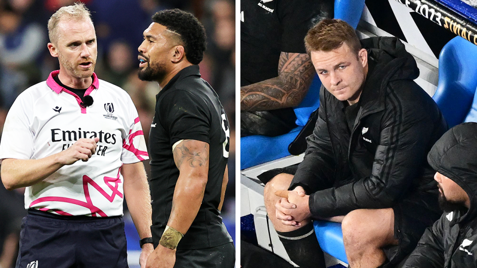 Wayne Barnes speaks to Ardie Savea and Sam Cane on the bench.