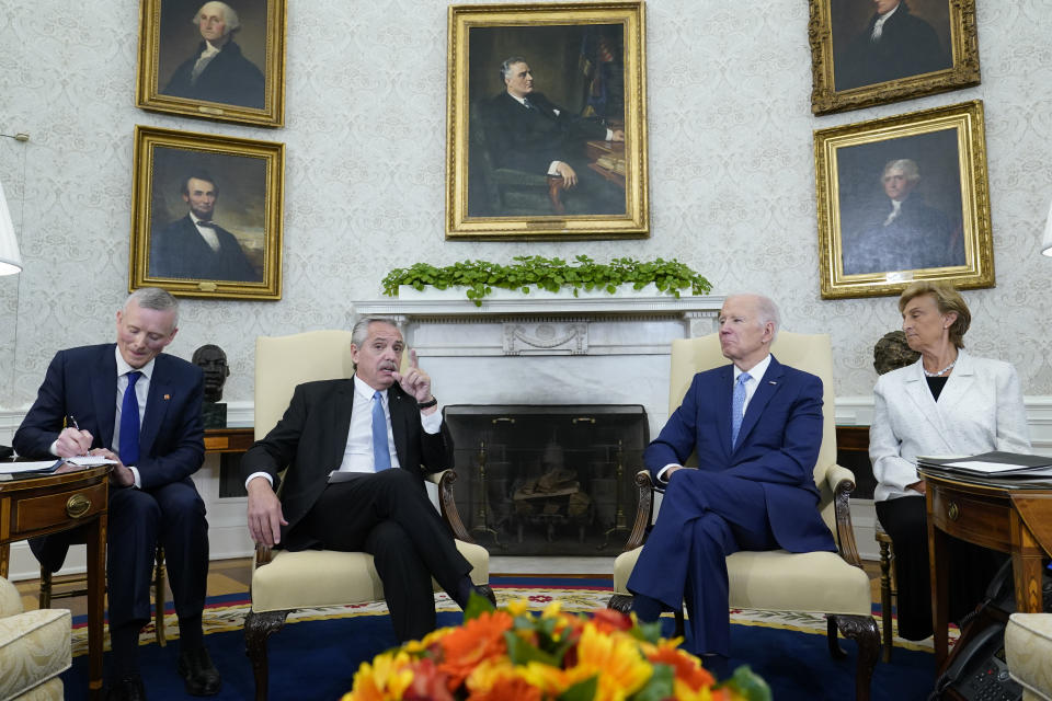 President Joe Biden meets with Argentina's President Alberto Fernandez in the Oval Office of the White House in Washington, Wednesday, March 29, 2023. (AP Photo/Susan Walsh)