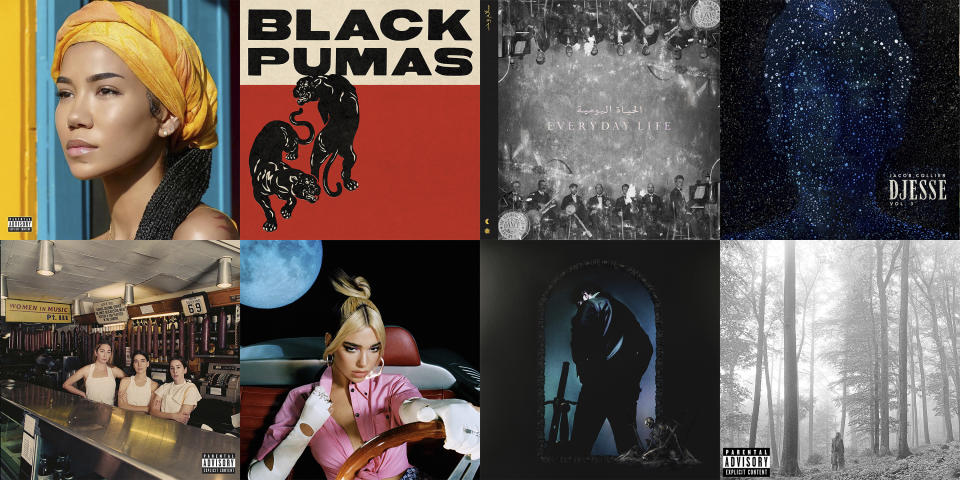 En esta combinación de fotos, las portadas de las producciones nominadas al Grammy al álbum del año. De izquierda a derecha, arriba, "Chilombo" de Jhené Aiko, "Black Pumas (Deluxe Edition)" de Black Pumas, "Everyday Life" de Coldplay, "Djesse Vol. 3" de Jacob Collier; abajo, "Women In Music Pt. III" de HAIM, "Future Nostalgia" de Dua Lipa, "Hollywood's Bleeding" de Post Malone, y "folklore" de Taylor Swift. (Def Jam/ATO/Parlophone-Atlantic/Interscope-Decca-Hajanga/Columbia Records/Warner/Republic/Republic via AP)