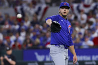 Chicago Cubs starting pitcher Justin Steele catches the ball from a teammate after a Texas Rangers batter struck out during the first inning of a baseball game Thursday, March 28, 2024 in Arlington, Texas. (AP Photo/Gareth Patterson)