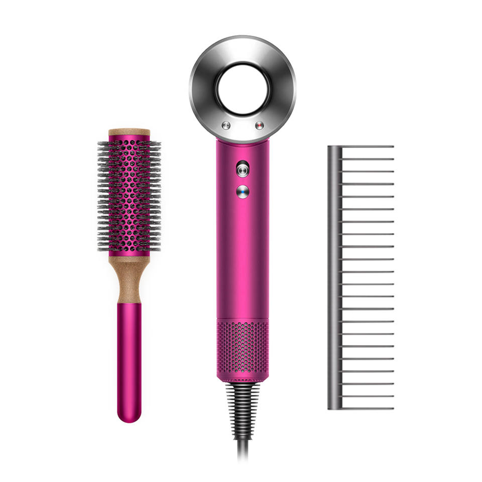 pink Dyson Supersonic with comb and barrel brush for mothers day