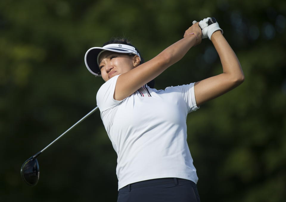 Annie Park, of the United States, watches her tee shot on the 16th hole during the first round of the CP Women's Open golf tournament in Aurora, Ontario, Thursday, Aug. 22, 2019. (Nathan Denette/The Canadian Press via AP)