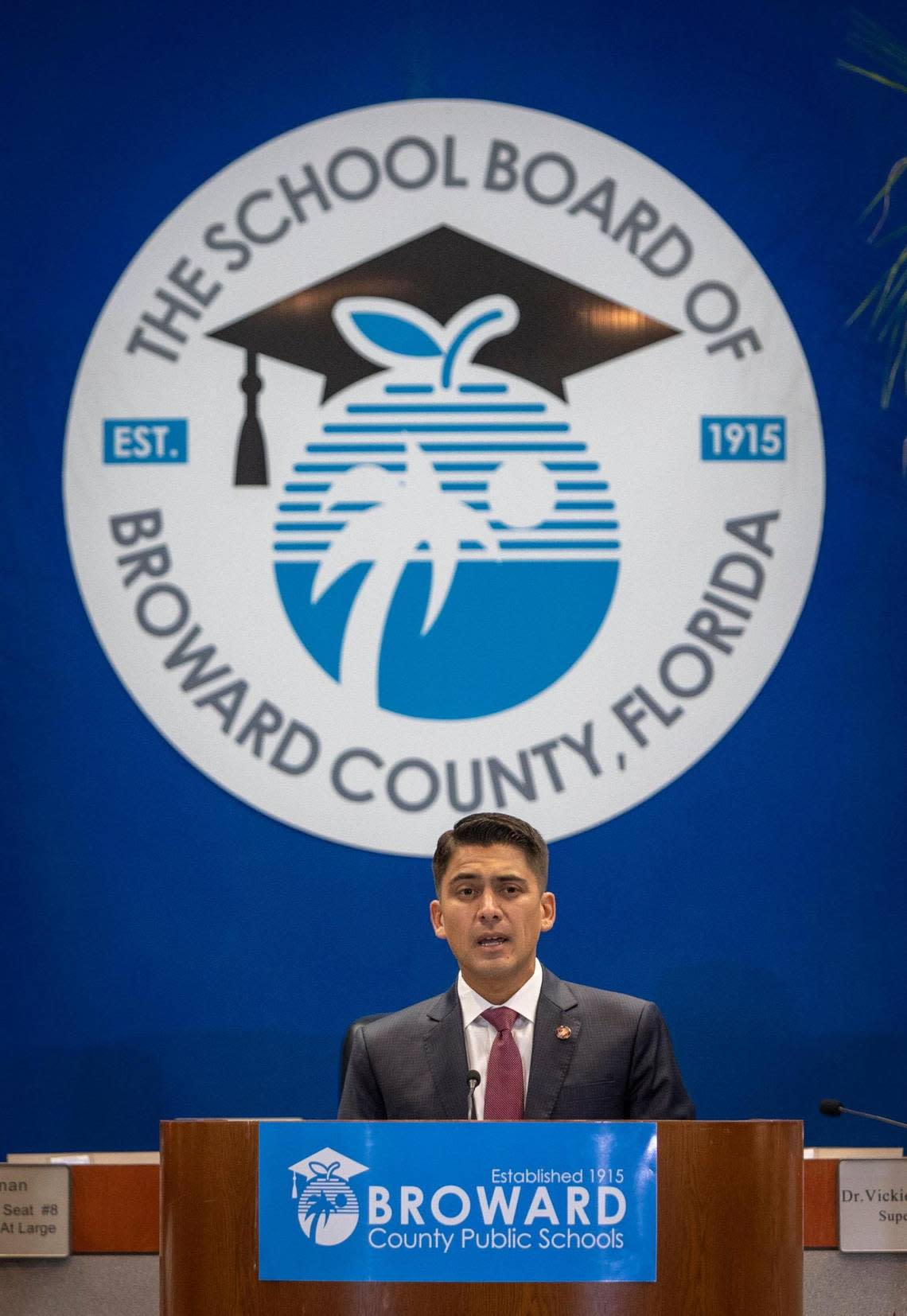 Ryan Reiter, one of the four new Broward School Board members, speaks after being sworn in at the Kathleen C. Wright Administration Center, in Fort Lauderdale on Friday, Aug. 26.