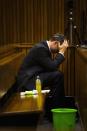 Olympic and Paralympic track star Oscar Pistorius reacts as he sits in the dock during court proceedings at the North Gauteng High Court in Pretoria, March 13, 2014. Pistorius is on trial for murdering his girlfriend Reeva Steenkamp at his suburban Pretoria home on Valentine's Day last year. REUTERS/Alet Pretorius/Media24/Pool (SOUTH AFRICA - Tags: SPORT CRIME LAW ATHLETICS TPX IMAGES OF THE DAY)