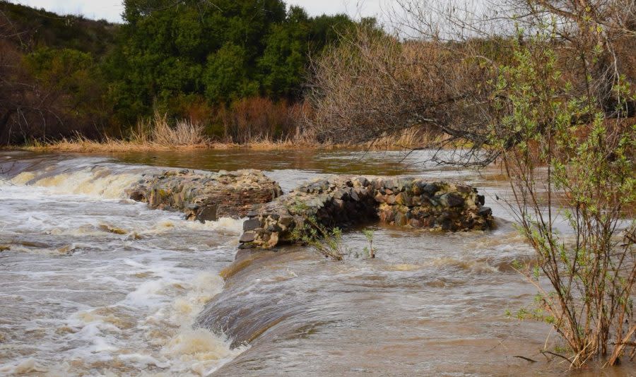 Old Mission Dam being overtaken by spillover from the San Diego River on Feb. 6, 2024. (Courtesy of Scott Lagace)