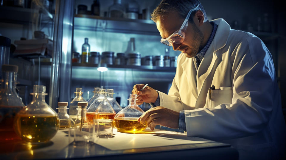 A chemical engineer studying a lab sample of a food product for safety regulations.