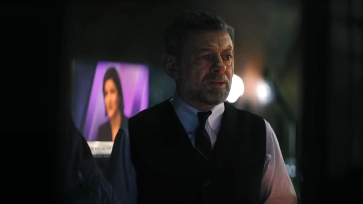  Andy Serkis as Alfred in The Batman looking distressed. 