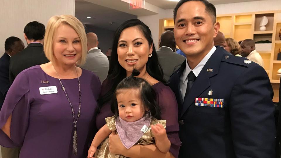 Maddie Mendoza, the 2023 Gerber Baby, attended the Military Child Education Coalition conference the week of July 24 with her dad, Air Force Lt. Col. Jun Mendoza, and mom, Crystal. Also pictured is Becky Porter, president and CEO of the coalition. (Karen Jowers/Staff)