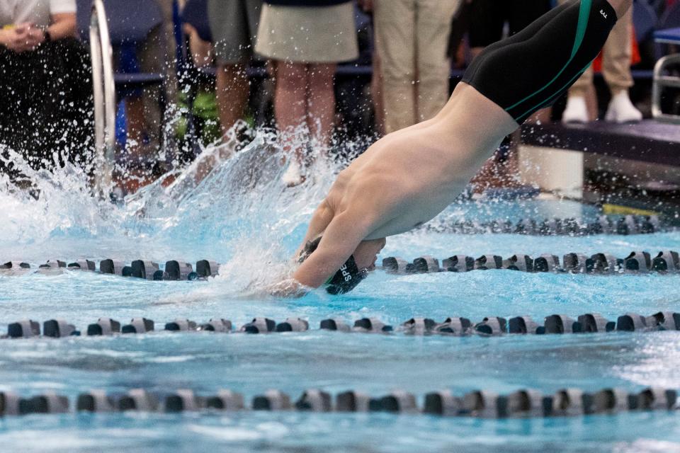 South Summit High School competes in the men’s 200 yard medley relay at swimming preliminaries for state championships at BYU’s Richards Building in Provo on Friday, Feb. 16, 2024. | Marielle Scott, Deseret News