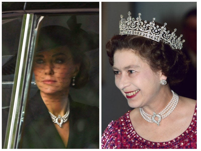 Left: Kate Middleton at Queen Elizabeth's funeral. Right: Queen Elizabeth in 1983. Both wear the same necklace.