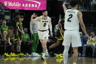 Colorado guard Luke O'Brien (0) celebrates after making a 3-point shot against Oregon) during the first half of an NCAA college basketball game in the championship of the Pac-12 tournament Saturday, March 16, 2024, in Las Vegas. (AP Photo/John Locher)