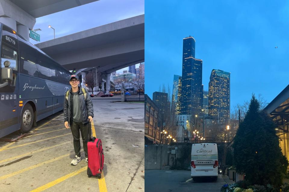 Lukas Flippo standing in front of Greyhound bus (left), and skyline (right)