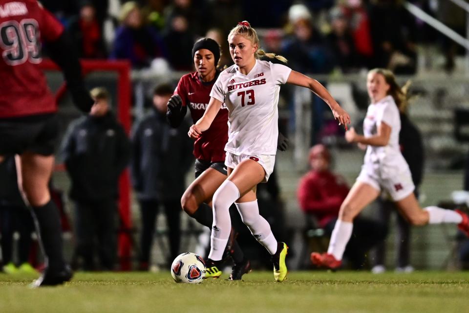 Rutgers' freshman forward Riley Tiernan dribbles past an Arkansas player in the NCAA Division I Women's Soccer Tournament during a quarterfinals match against the University of Arkansas at Yurcak Field in Piscataway on Fri., Nov. 26, 2021.