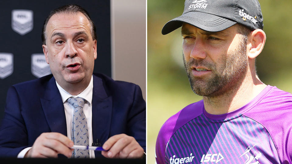 Seen here, ARLC chairman Peter V'landys and Melbourne Storm skipper Cameron Smith.