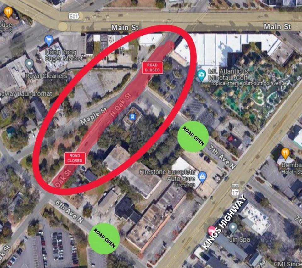 A portion of Oak Street in Myrtle Beach will close beginning Thursday, July 11, 2024, for construction ahead of the South Carolina Department of Transportation’s U.S. 501 realignment project. 