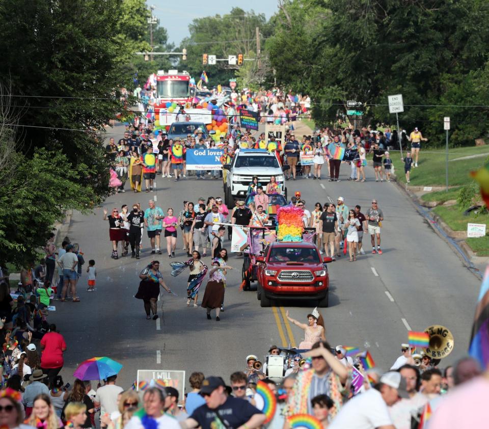 Gay Pride Parade travels west on NW 39th Street on June 4, 2023 in Oklahoma City, Okla.  