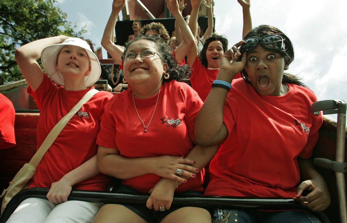 June 7, 2007: From left, Melanie Halley, 14, Stephanie Mendoza, 17, and Ferooza Mheta, 13, were among 30 teenage cancer patients treated to a day at Six Flags Over Texas during the 3rd annual Red Carpet Day hosted by Heart of Passion, a Georgia based organization dedicated to teens with cancer. The teens were riding El Conquistador.