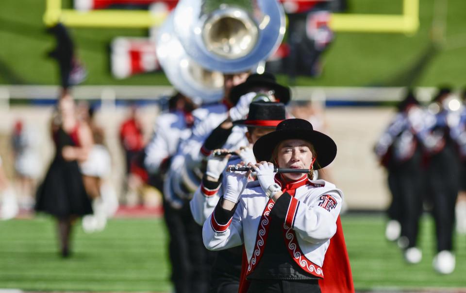 The Texas Tech Goin Band performs before the start of Tech's game against Oklahoma State on Saturday, Oct. 5, 2019, at Jones AT&T Stadium in Lubbock, Texas.
