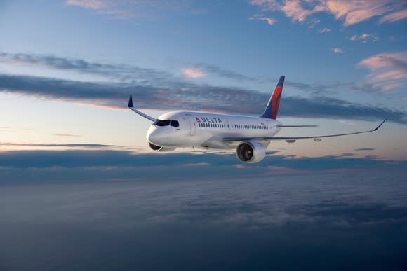 A rendering of a CS100 jet in the Delta livery