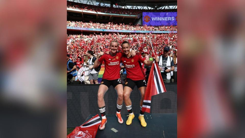 Maya Le Tissier and Millie Turner celebrate their FA Cup final win