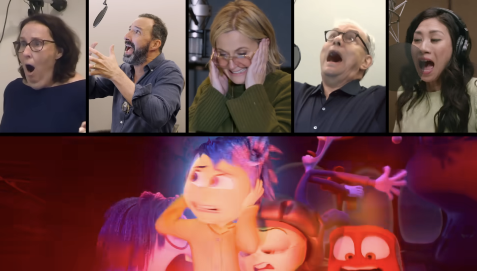 Actors Paula Pell, Tony Hale, Amy Poehler, Phil Johnston, and Alice Braga voice recording, paired with an animated scene featuring characters from "Inside Out"