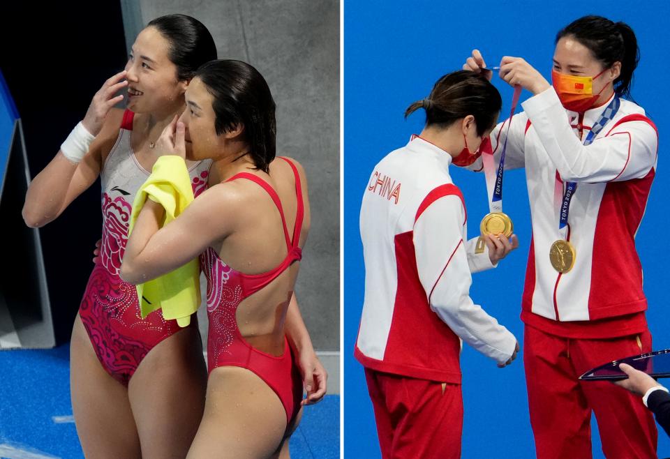 LEFT: Shi Tingmao and Wang Han (CHN) react during the women's synchronized 3m springboard diving competition on July 25, 2021, during the Tokyo 2020 Olympic Summer Games at Tokyo Aquatics Centre. RIGHT: Shi Tingmao and Wang Han (CHN) celebrate their gold medal finish in the women's synchronized 3m springboard diving competition on July 25, 2021.