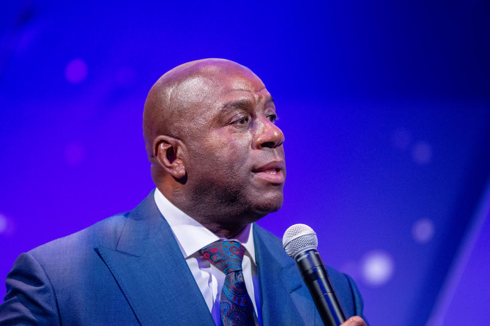 NEW YORK, NEW YORK - NOVEMBER 20: Former NBA player Magic Johnson on stage during the 29th Annual Achilles Gala Honoring president and CEO of Cinga David Cordani with "Volunteer of the Year Award"  at Cipriani South Street on November 20, 2019 in New York City. (Photo by Roy Rochlin/Getty Images)
