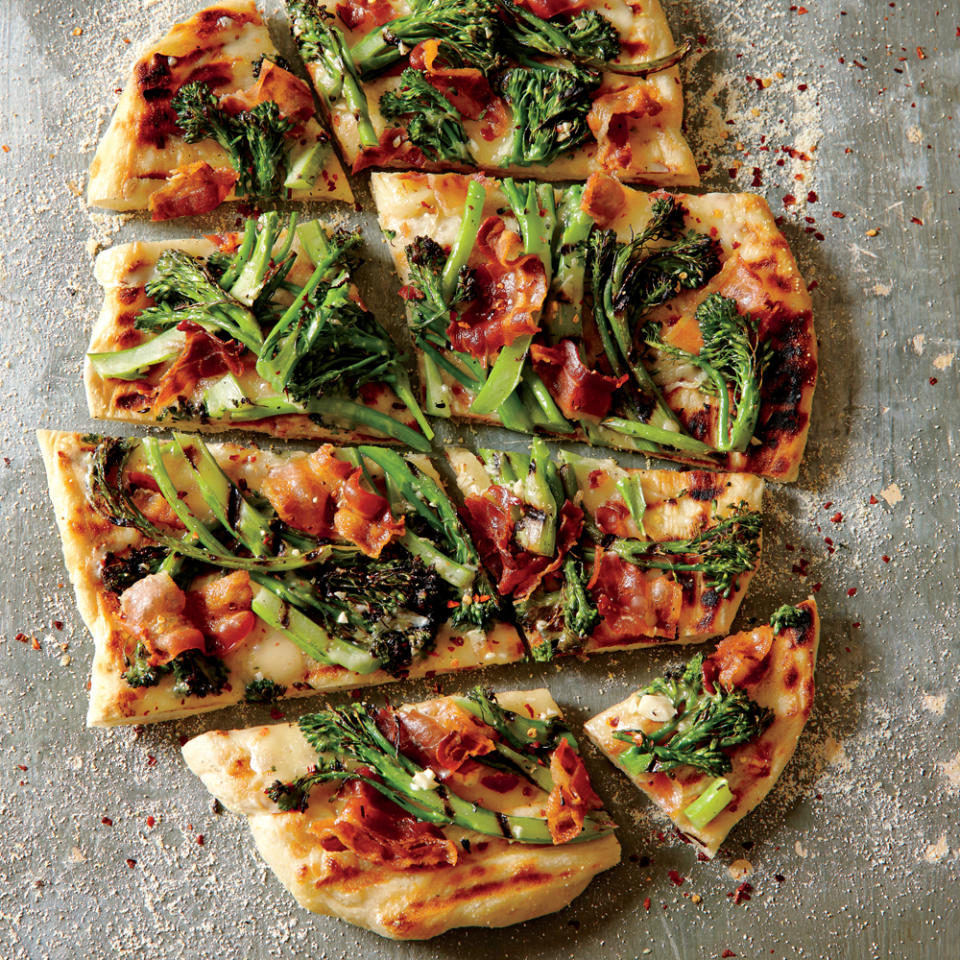 Grilled Purple Sprouting Broccoli and Bacon Pizza