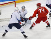 Ice Hockey - Pyeongchang 2018 Winter Olympics - Men's Preliminary Round Match - Olympic Athletes from Russia v U.S. - Gangneung Hockey Centre, Gangneung, South Korea - February 17, 2018 - Olympic Athlete from Russia Nikolai Prokhorkin scores a goal. REUTERS/Brian Snyder