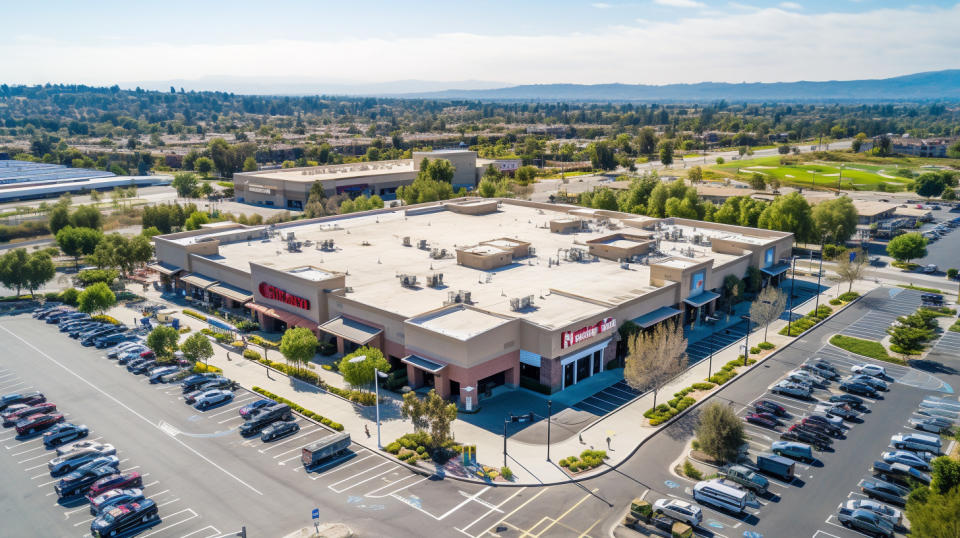 An aerial view of a sprawling neighborhood with a grocery-anchored center at its center.