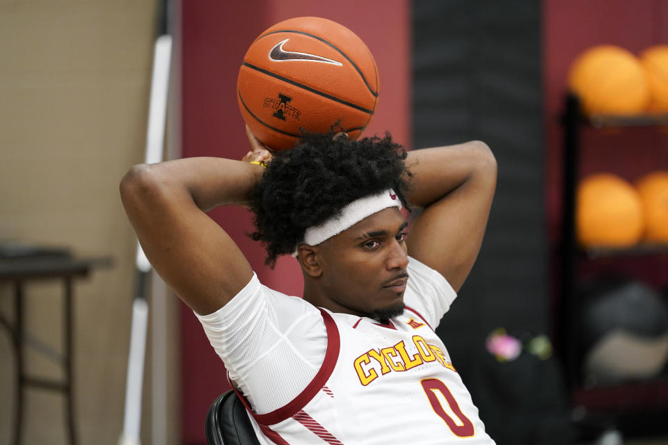 Iowa State guard Blake Hinson waits to speak to reporters during Iowa State's NCAA college basketball media day, Wednesday, Oct. 13, 2021, in Ames, Iowa. (AP Photo/Charlie Neibergall)