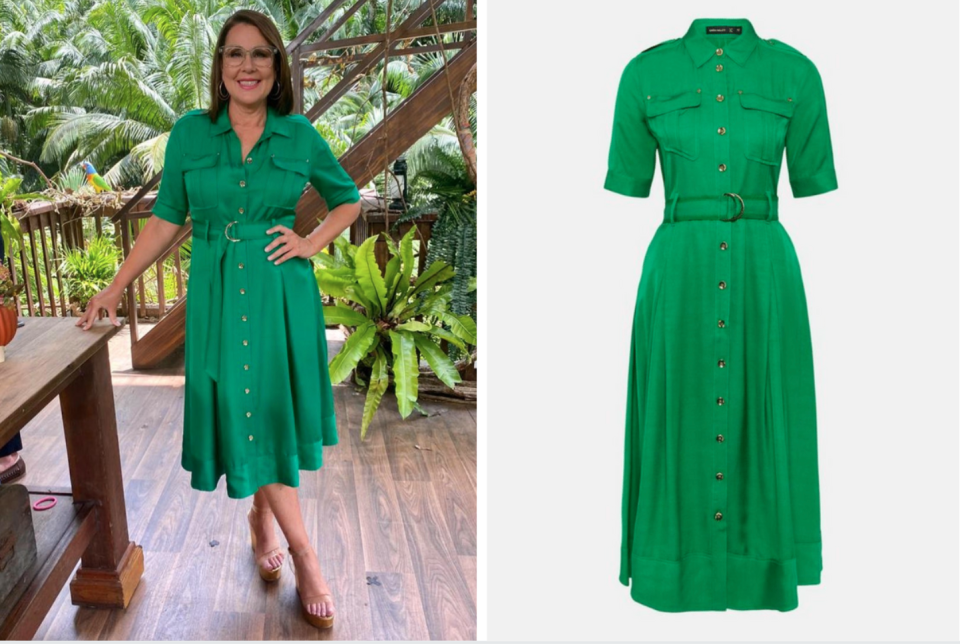 julia morris on i'm a celeb 2022 and green karen millen shirt dress 